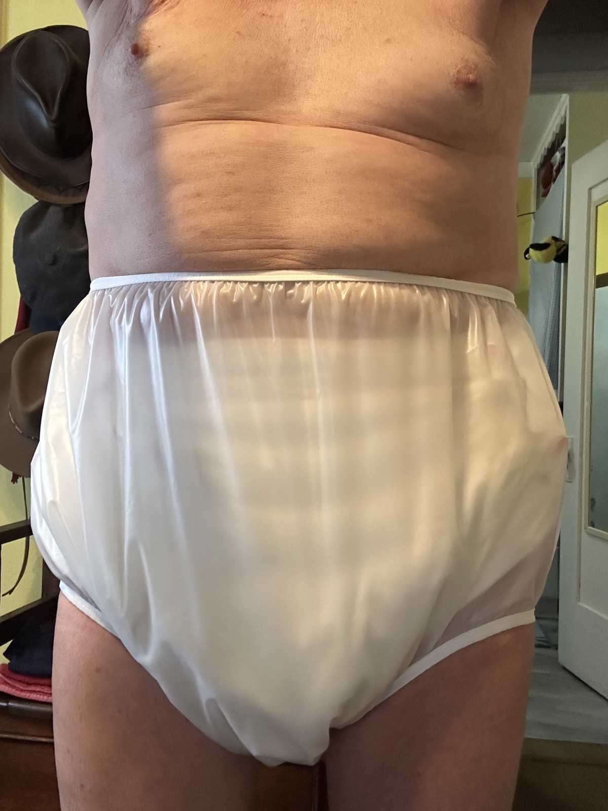 <p>Wet cloth diaper and plastic pants in the morning.</p>