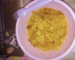 My poor mangled pot stickers and cheesey Yakasoba. Happy Birthday to me