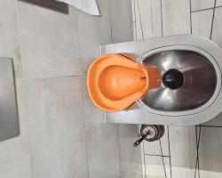 public toilet using a plastic potty