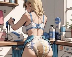 Working hard in the kitchen with a nice mess in diaper