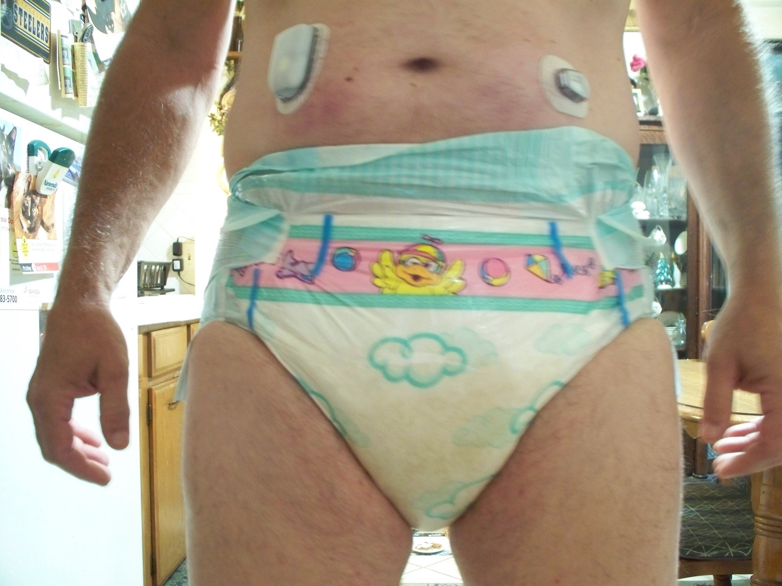 <p>my diaper this morning soaked n a mess feels like wearing 20 lbs</p>