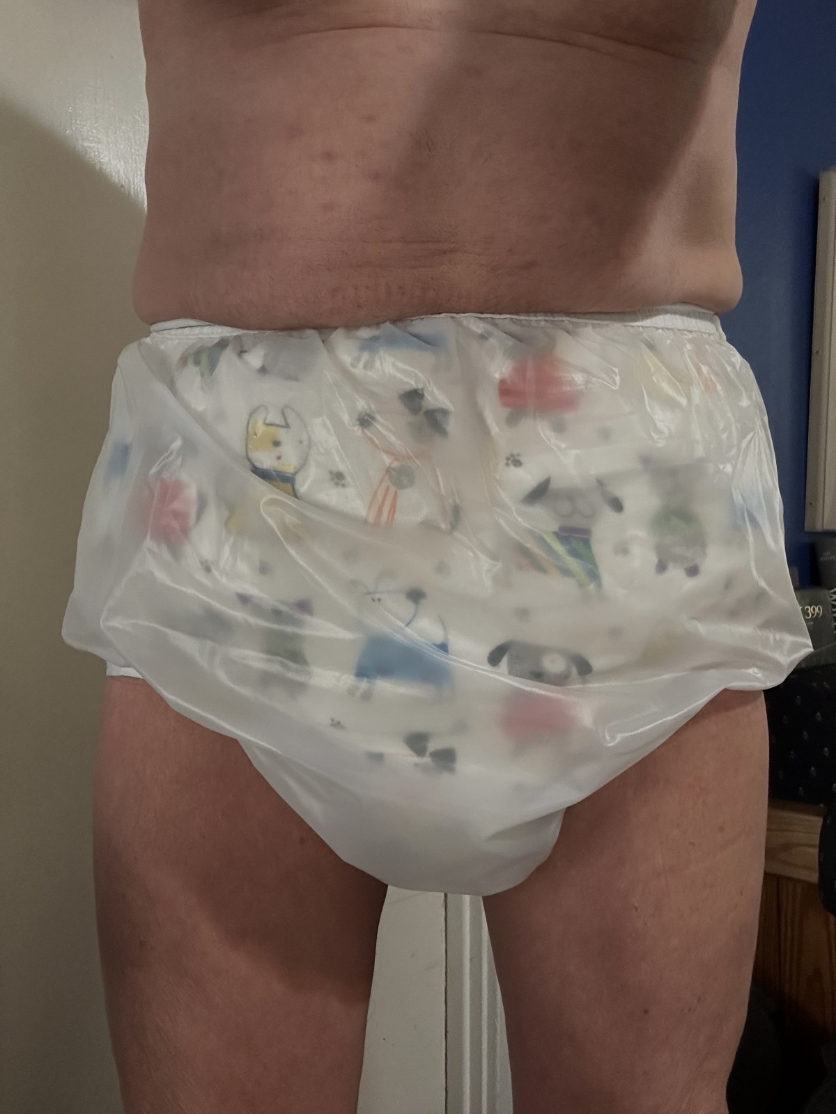 <p>Ready for bed. Cloth diapers and plastic pants keep my bed dry. I’m a heavy wetter at night.</p>